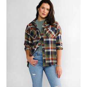 Oversized Buckle Boyfriend Plaid Fraying Flannel Shirt Women's Size Medium
